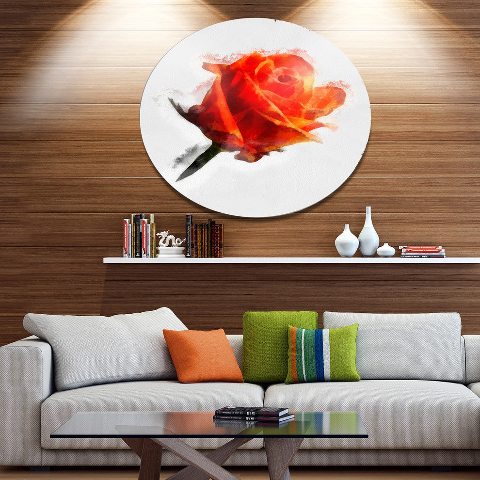 Red Rose Drawing With Watercolor, Floral Large Disc Metal Wall Art, 36"