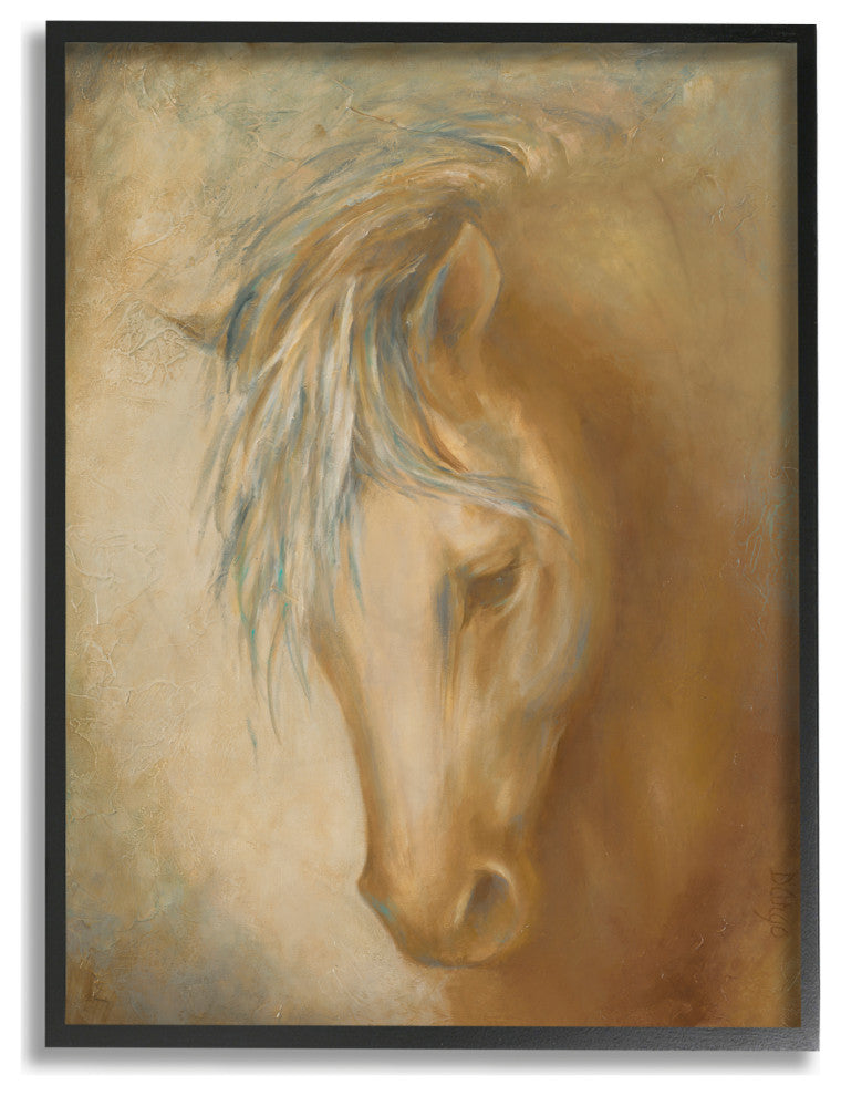 Horse Portrait Blue Yellow Animal Painting, 16"x20", Black Frame
