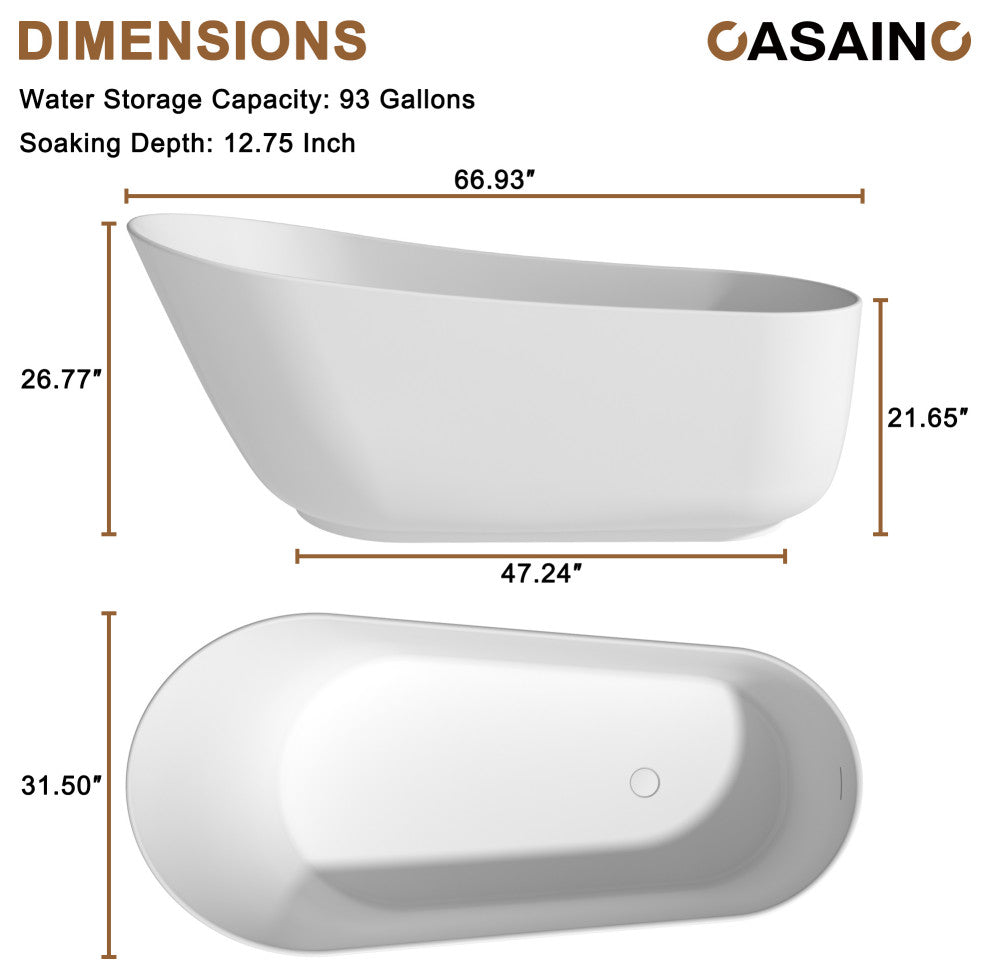 59in White Solid Surface Freestanding Soaking Bathtub with Drain, 67in