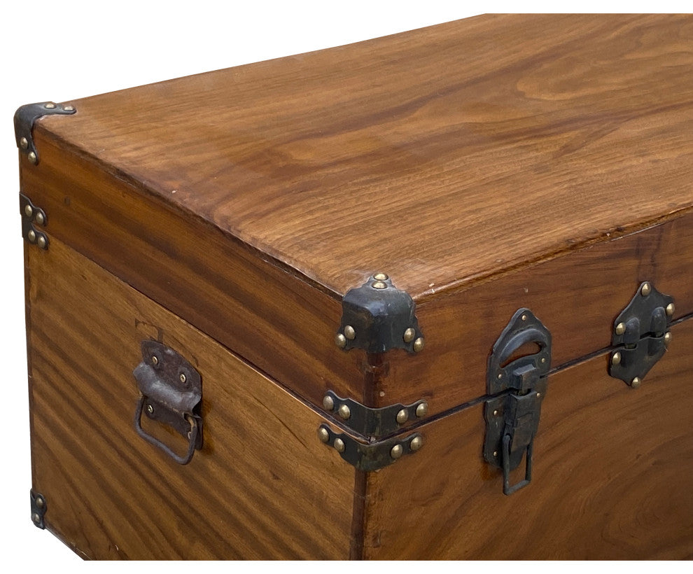 Vintage Oriental Chinese Brown Wood Iron Hardware Trunk Table Hcs7435