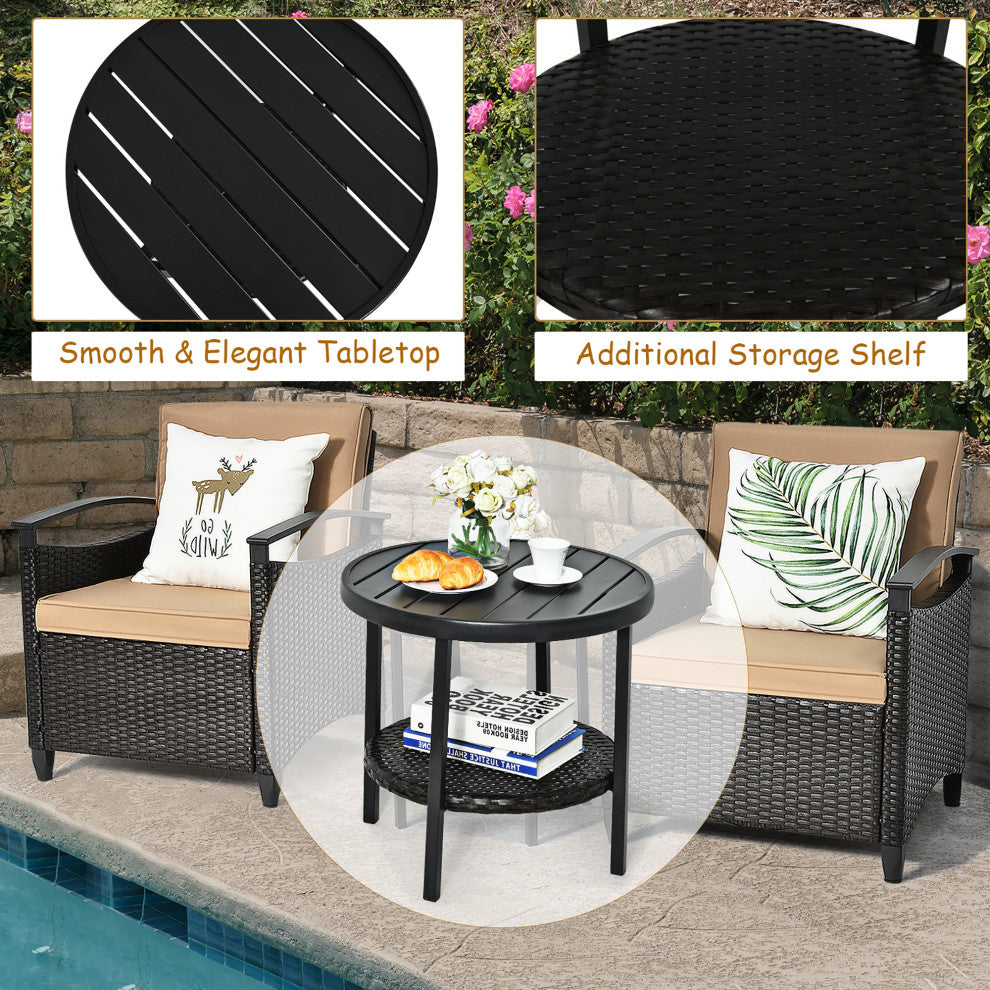 Costway 3PCS Patio Rattan Furniture Set Cushioned Sofa Storage Table W/ Shelf