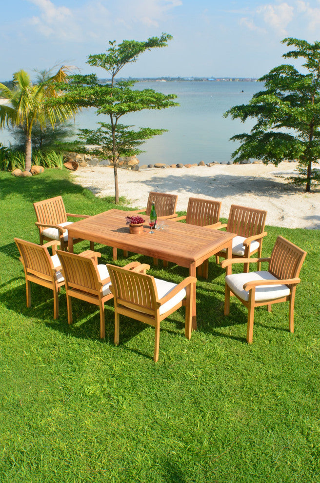 9Piece Outdoor Patio Teak Dining Set, 71" Rectangle Table, 8 Nain Stacking Chair