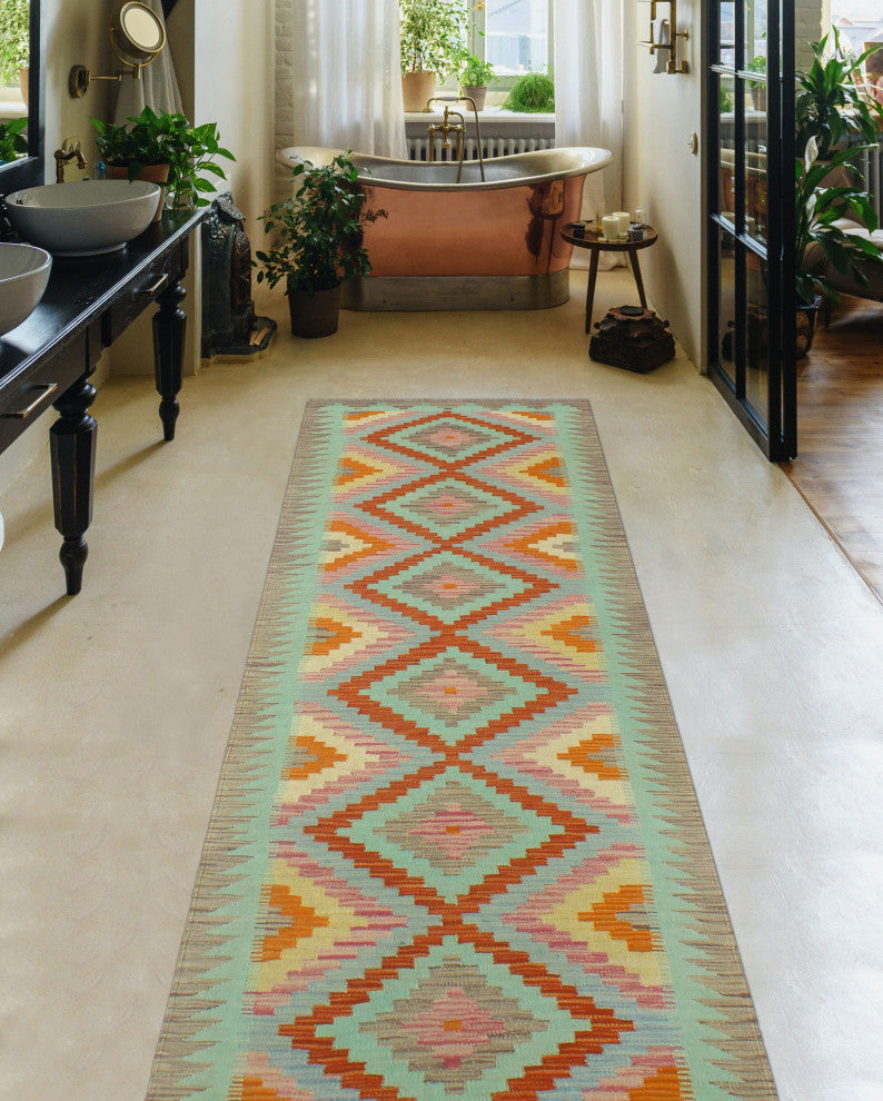 Sangat Kilim Maliheh Red/Light Green Runner, 2'9x9'11