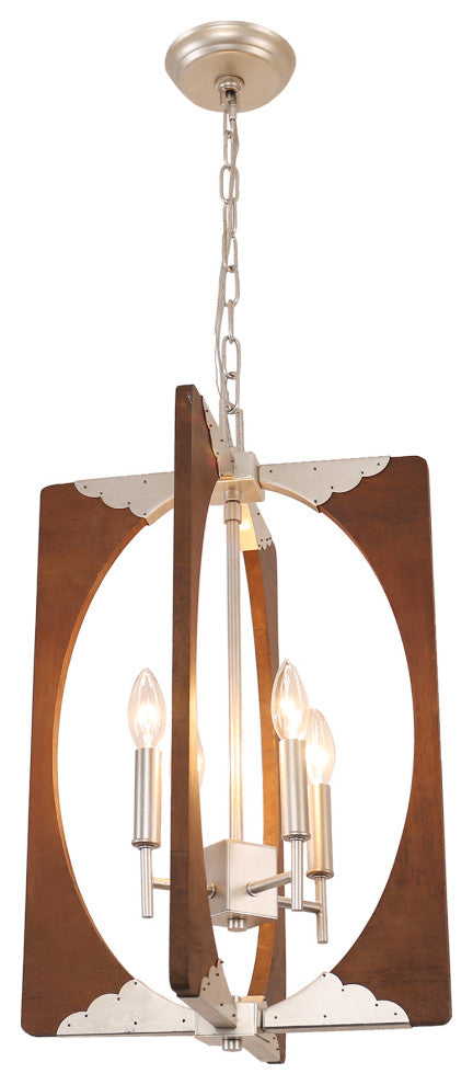 4-Light Candle Style Geometric Chandelier With Wood Accents, Chrome