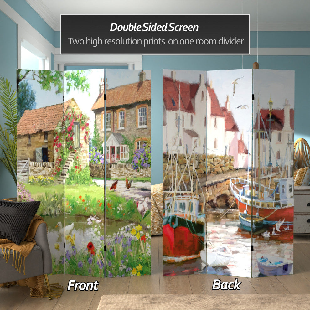 6' Tall Double Sided Country Village Canvas Room Divider