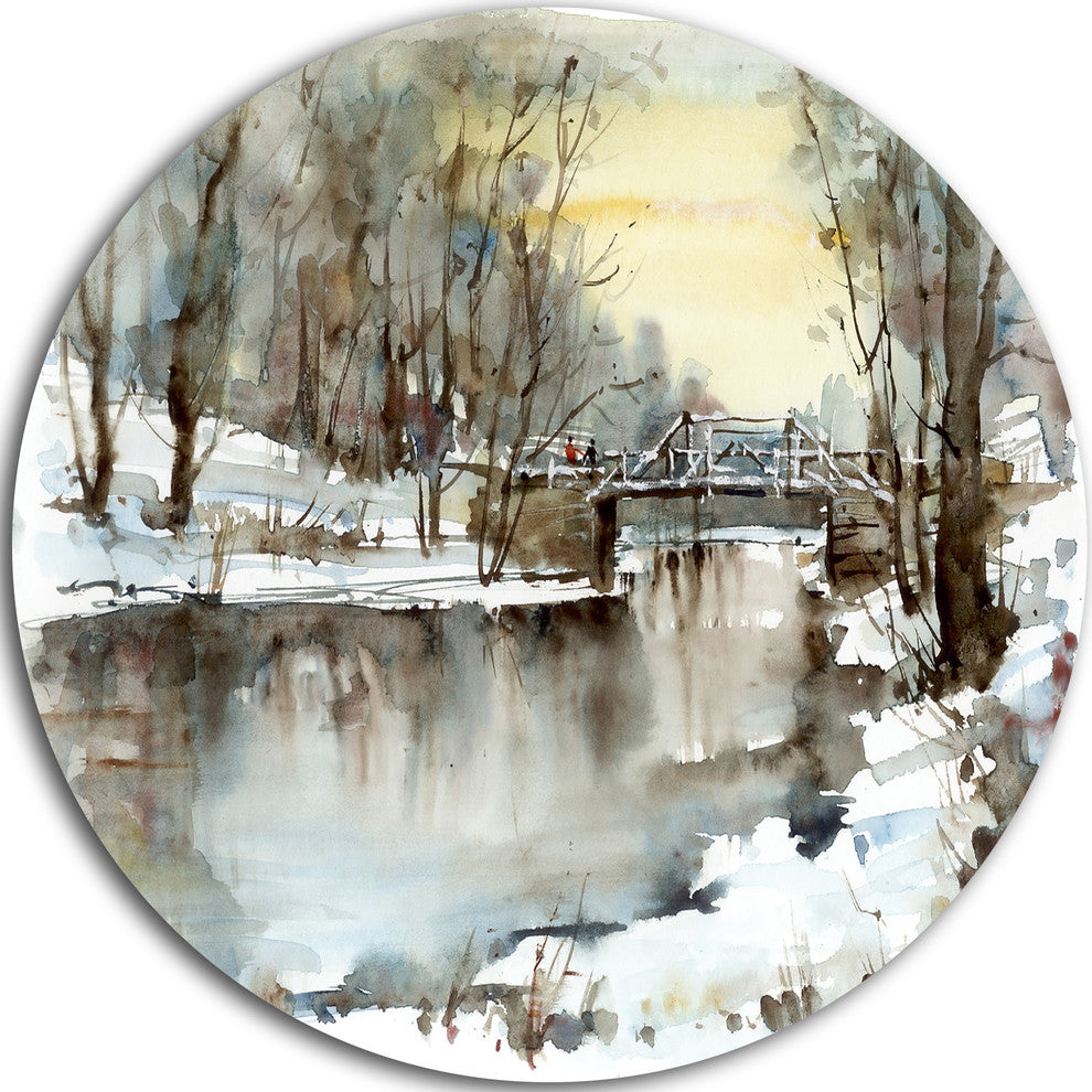 White Bridge Over River, Landscape Round Wall Art, 36"