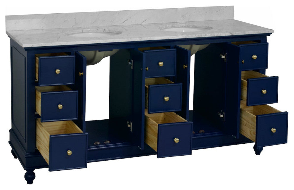 Bella 72" Double Bath Vanity, Base: Royal Blue, Top: Carrara Marble