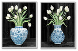White Tulips Chinese Ceramic Urn Patterned Porcelain, 2pc, each 11 x 14