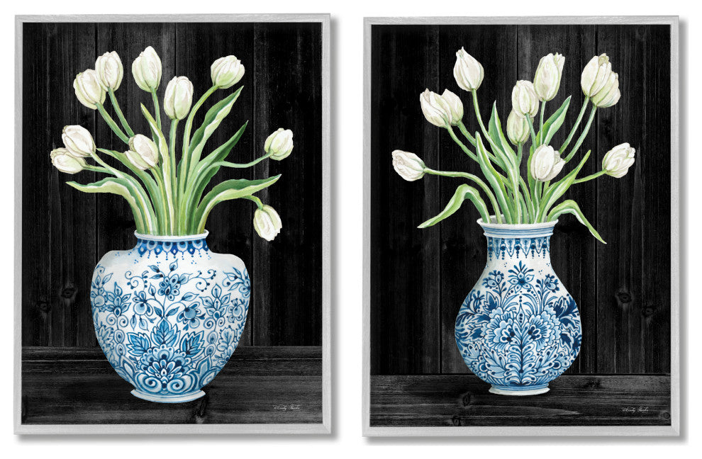 White Tulips Chinese Ceramic Urn Patterned Porcelain, 2pc, each 11 x 14