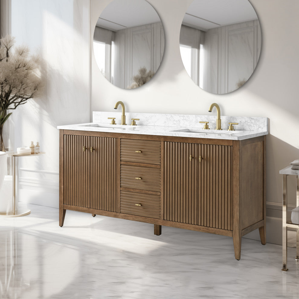 Vanity Art Freestanding Vanity, Walnut, 60", Double Sink, Golden Brushed