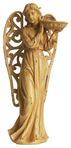 24.5" Tranquil Angel With Scrollwork Wings Outdoor Patio Garden Birdbath