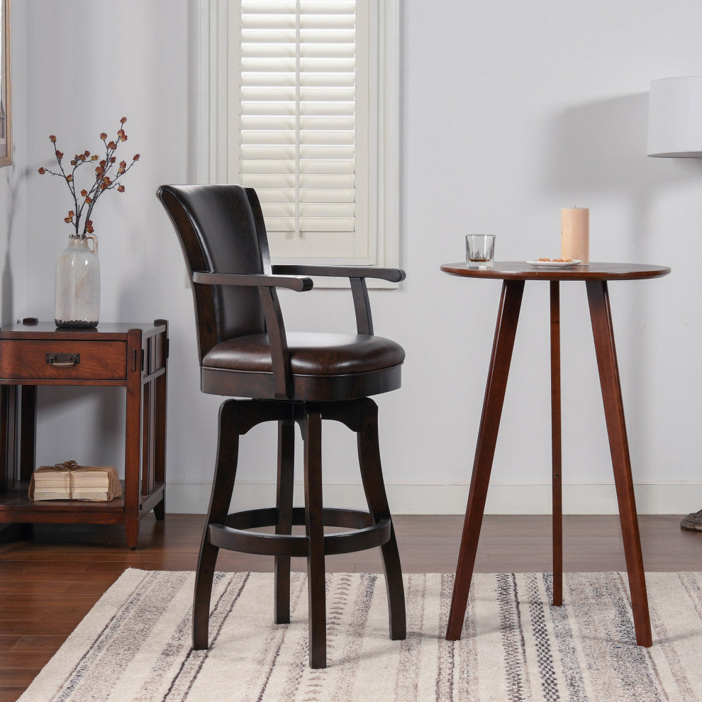 Williams Swivel Bar and Counter Stool With Armrests, Vintage Brown Faux Leather, Bar Height