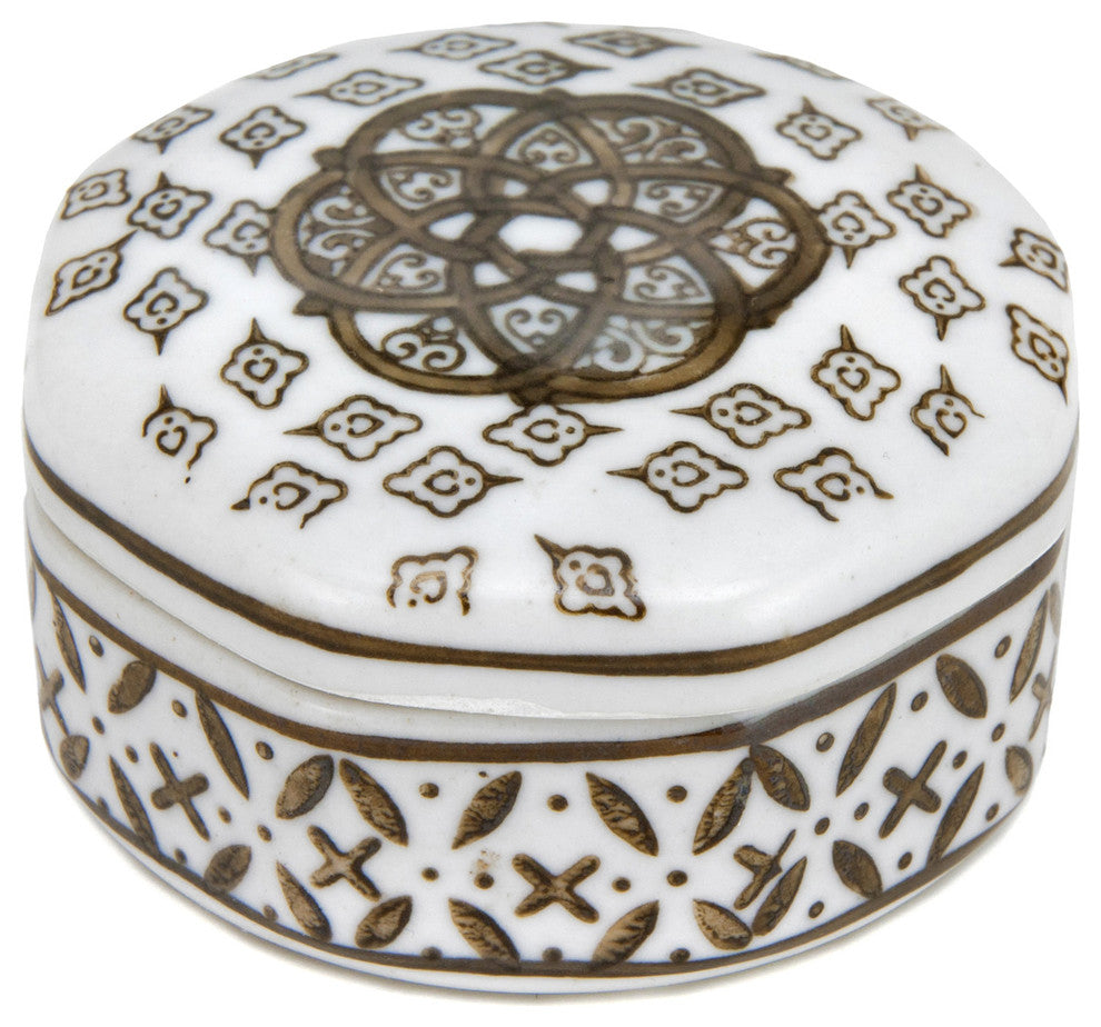3" Brown and White Medallions Porcelain Small Jewelry Box