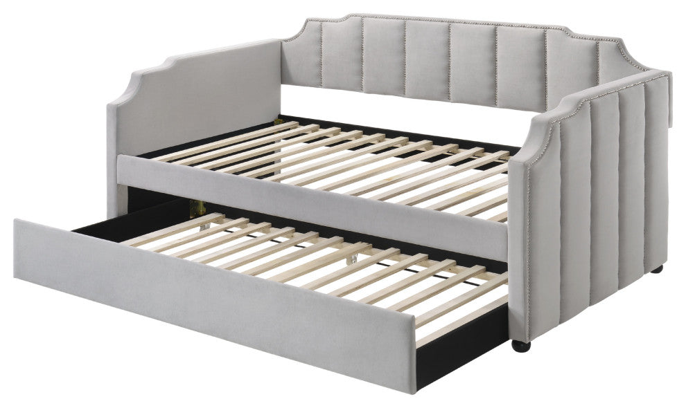 Benzara BM214913 Fabric Twin Size Daybed Channel Tufting & Nailhead Trim, Gray