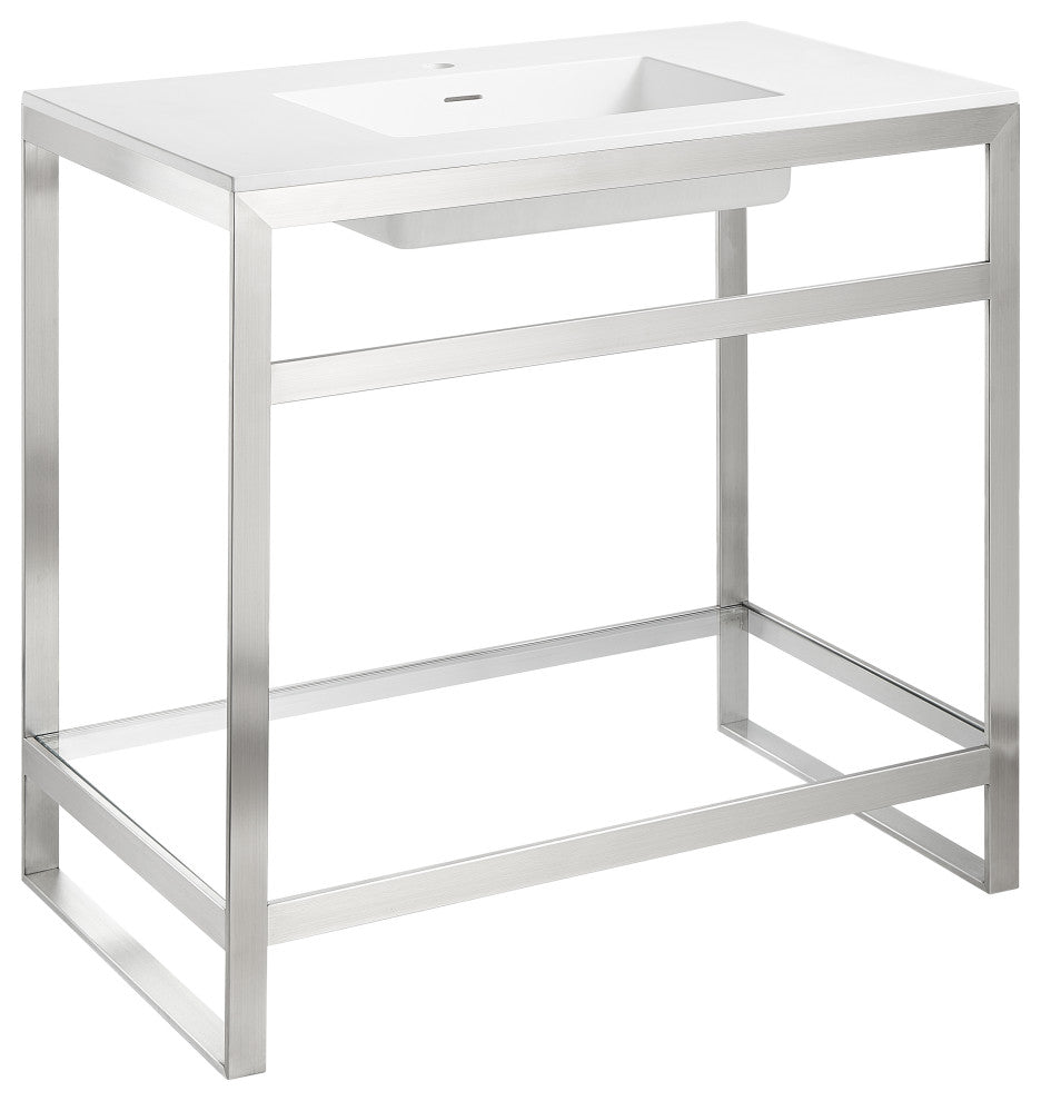ANZZI Orchard 36" Console Sink With Glossy White Counter Top, Brushed Nickel