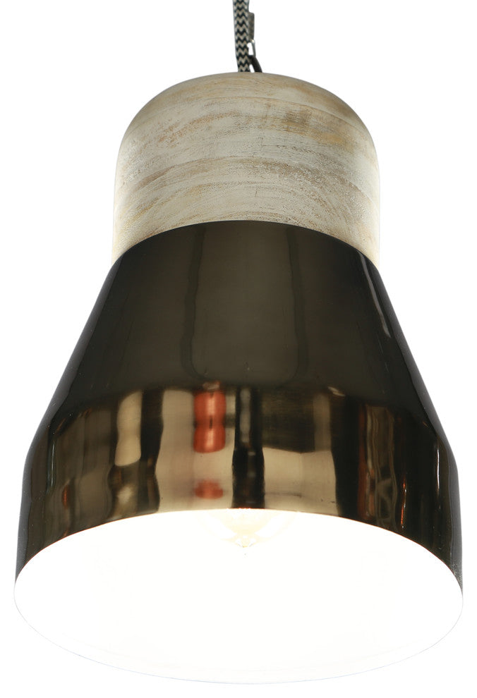 Metallic Brass Shade Hanging Lamp Glow With White Wooden Top
