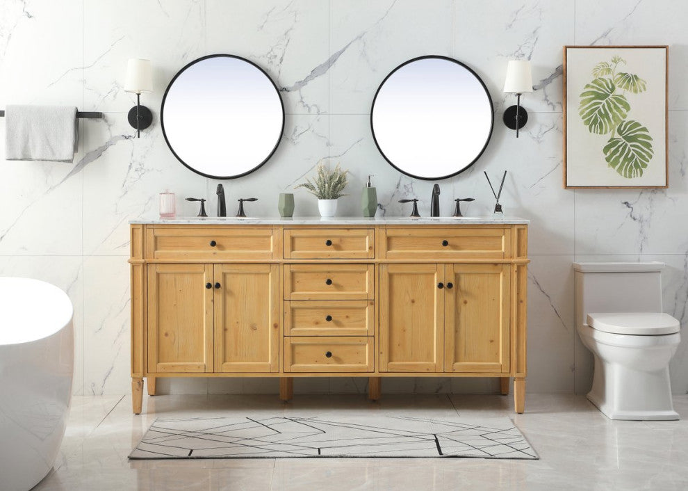 Home Living Vanity with Carrara White Marble Countertop, Natural Wood, 72", Double Sink