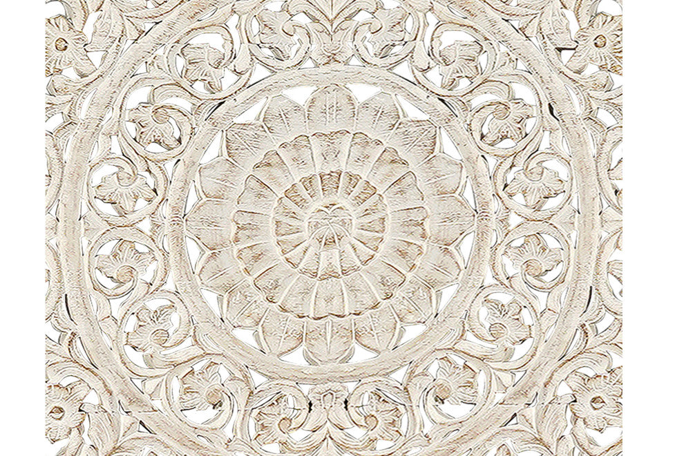 Milano Floral Carved Solid Wood Queen Panel Bed, White, King