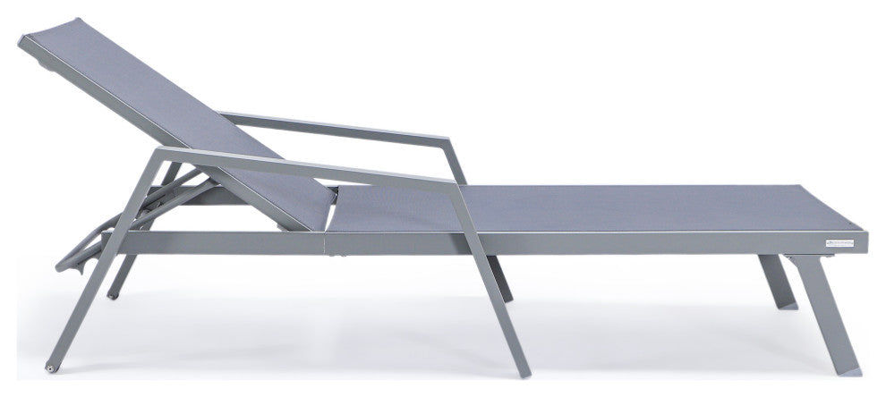 LeisureMod Marlin Chaise Lounge Chair With Arms and Fire Pit Table, Dark Gray