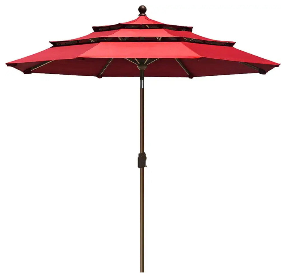 9ft Patio Umbrella with Crank Lift and Ventilated 3 Tier Design, Logo Red