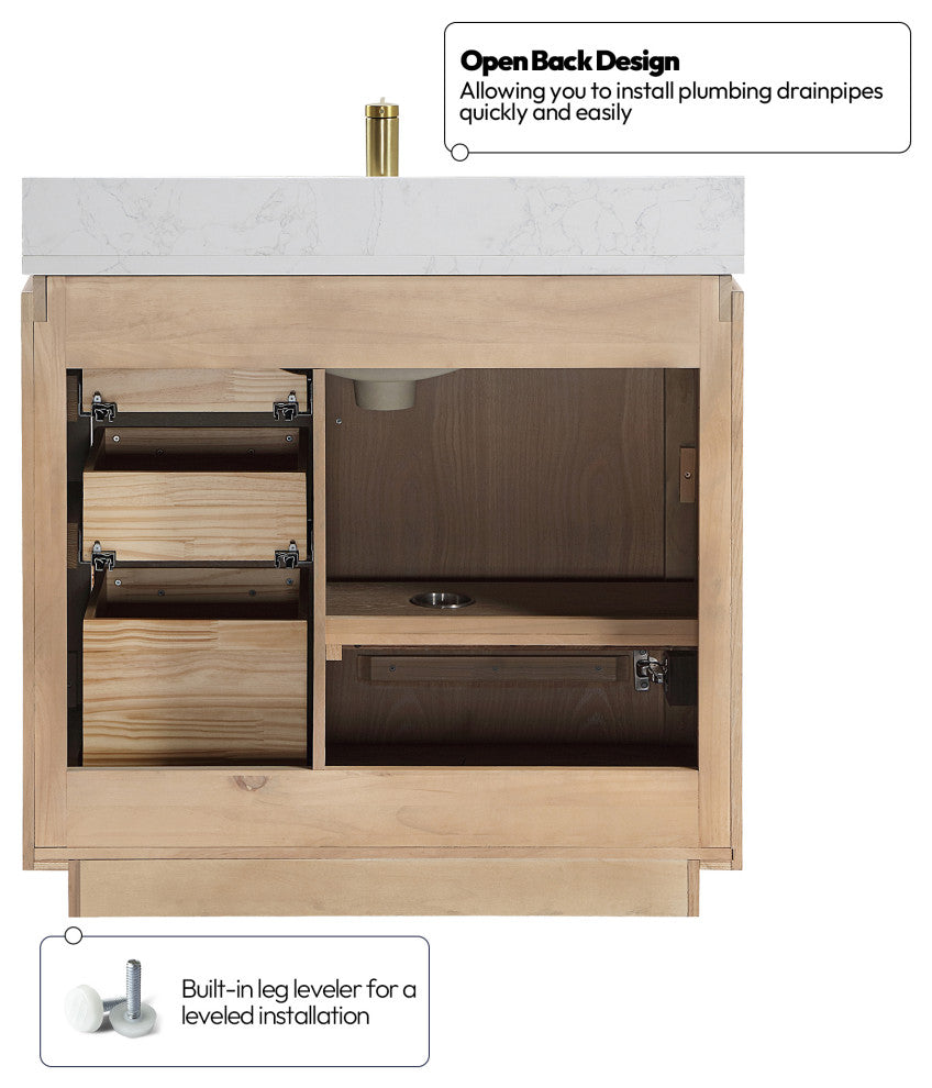 San Bath Vanity with Stone Top, Washed Ash Grey, 36", Single Vanity, No Mirror