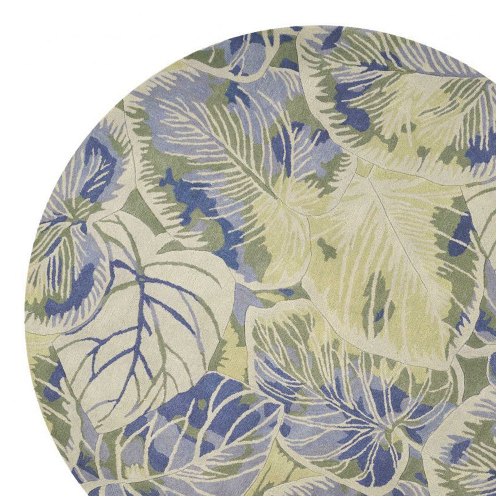HomeRoots 6' Blue Green Hand Tufted Tropical Leaves Round Indoor Area Rug