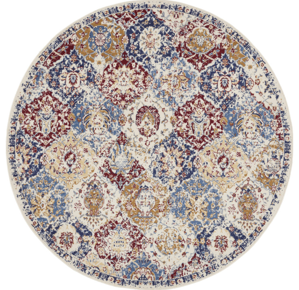 8' Navy Blue Round Damask Power Loom Distressed Area Rug