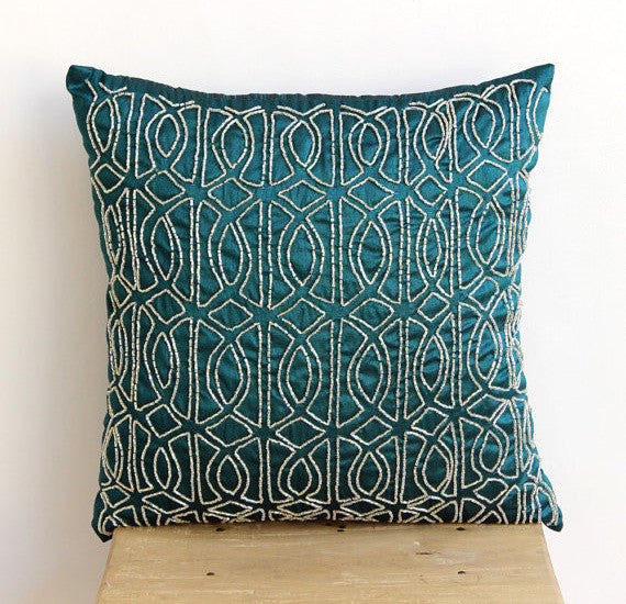 Green Art Silk 14x14 Lattice Trellis Pillowcases, Geometric Royal Peacock Green