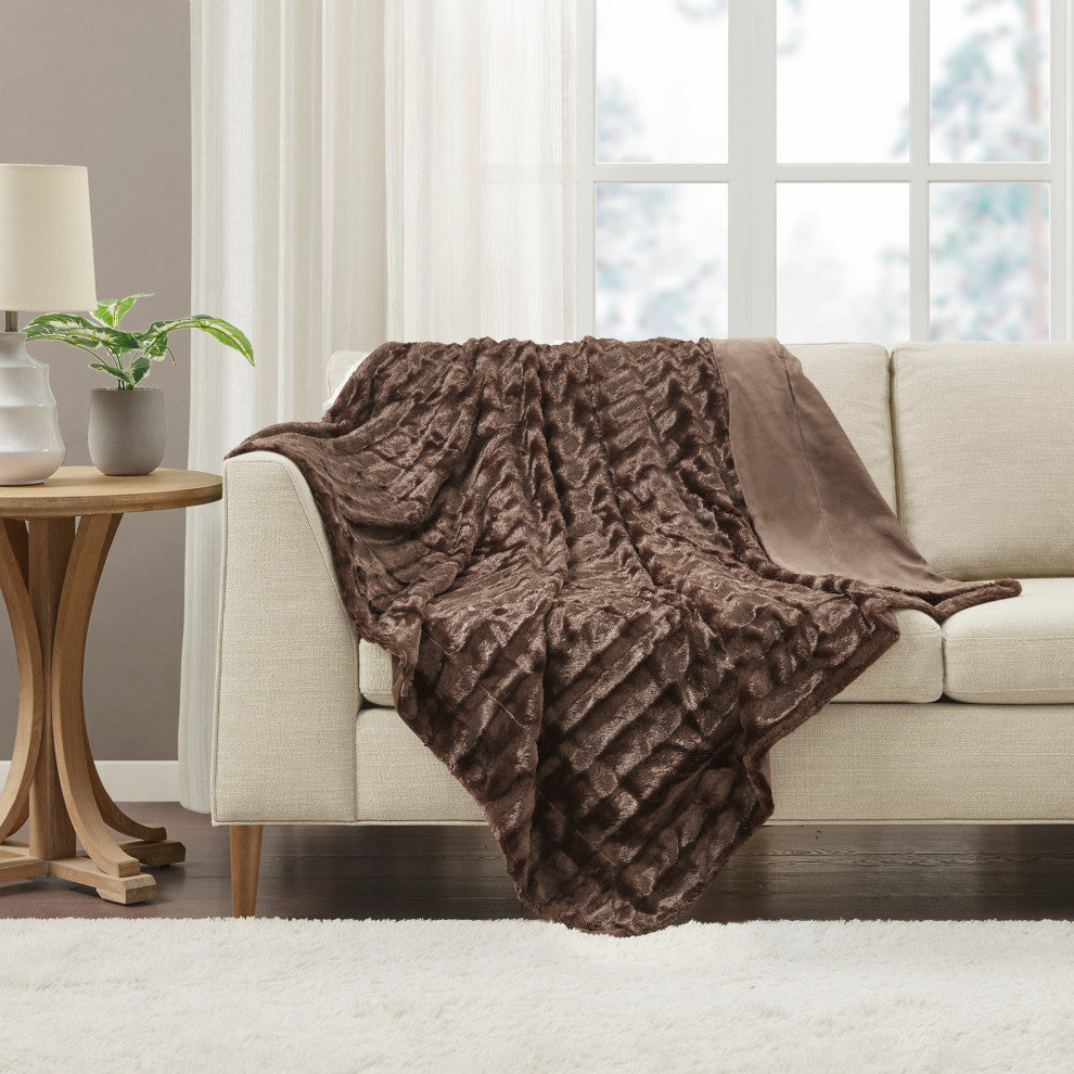 Madison Park Solid Stripe Plaited Brushed Long Fur Knitted Throw, Brown