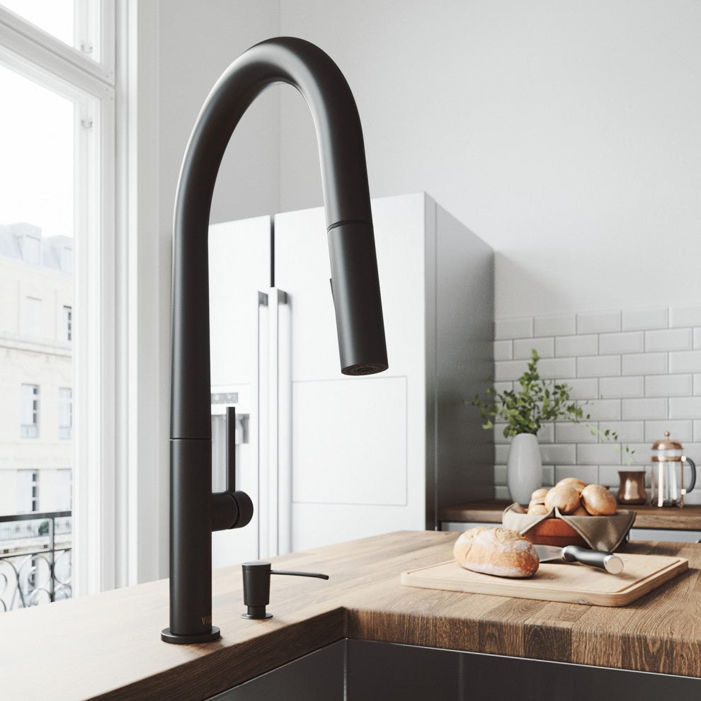 VIGO Greenwich 18" H Single Handle Pull-Down Sprayer Kitchen Faucet, Matte Black, No Sensor, With Soap Dispenser