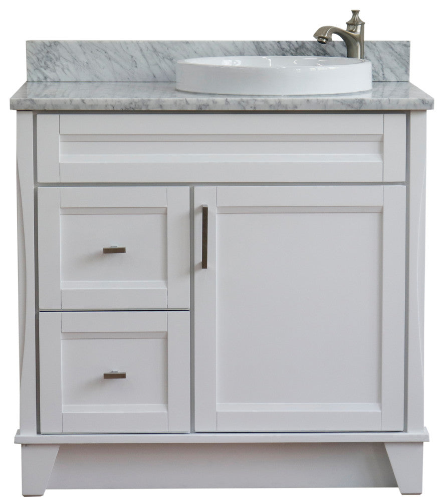 37" Single Sink Vanity, White Finish Top With White Carrara Marble