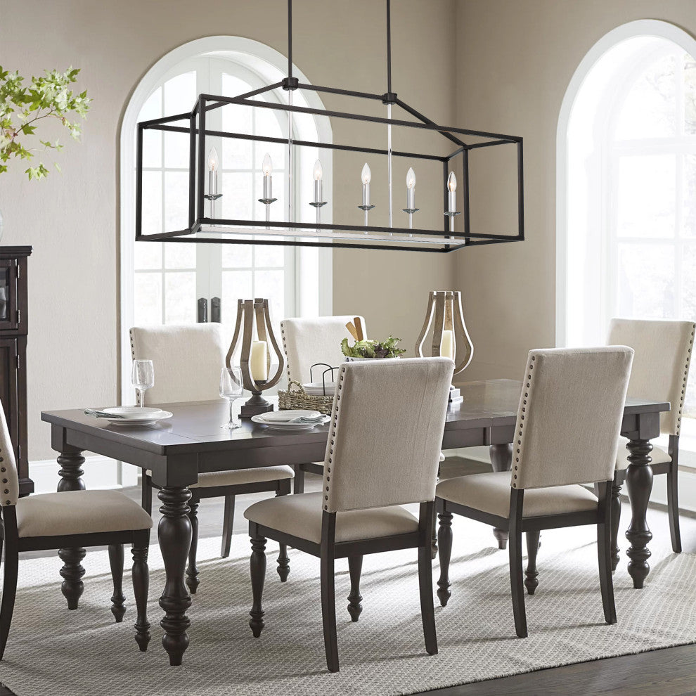 6 Light Kitchen Island Linear Pendant, Classic Black+chrome