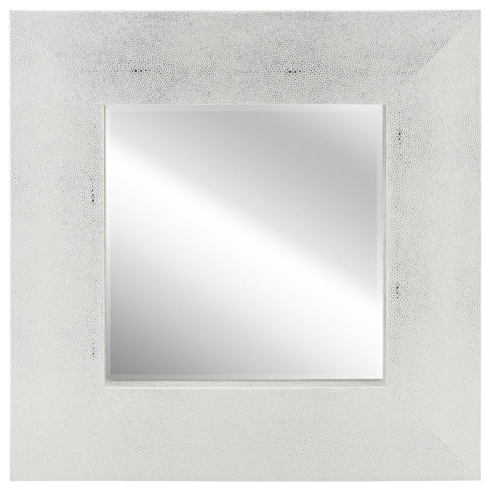 Beveled Wall Mirror, Silver on White Metallic Shagreen Leather Framed Mirror