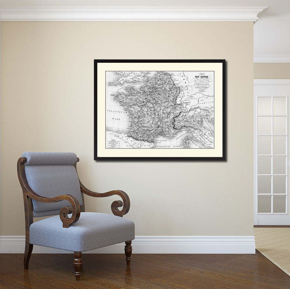 France Vintage Map Print On Canvas With Black Custom Frame, 16" X 21"