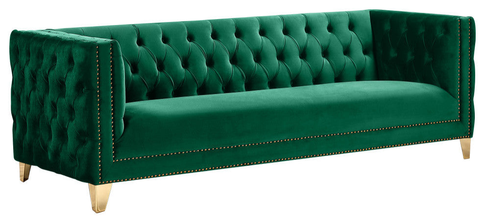 Michelle Fabric Upholstered Chair, Gold Iron Legs, Green, Velvet, Sofa