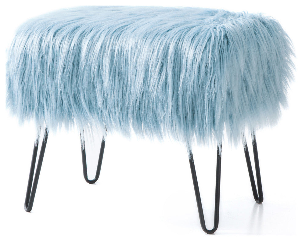 Mongolian Fur Ottoman, Forget Me Not, 19''x13''x17''