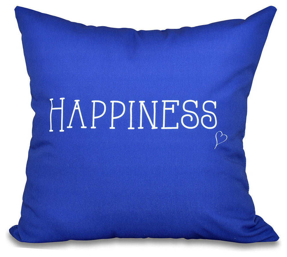 16"x16" Happiness, Word Print Pillow, Blue