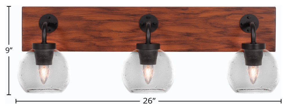 Oxbridge 3-Light Bath Bar, Matte Black & Painted Wood-look Metal/Clear Bubble