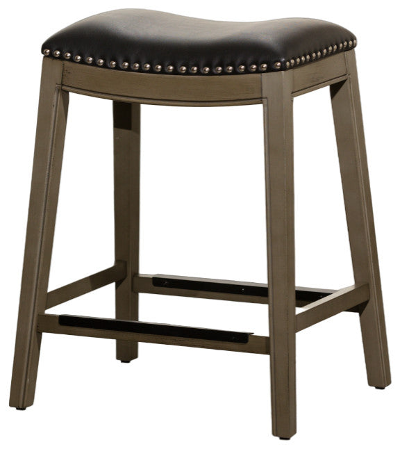 DTY Indoor Living Durango Bonded Leather Saddle Stool, Weathered Gray Finish, Black Leather, 24"