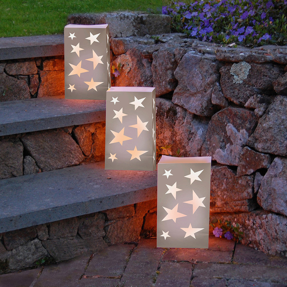 Battery Operated Luminaria Kit With Timer, Silver Stars, 12-Piece Set