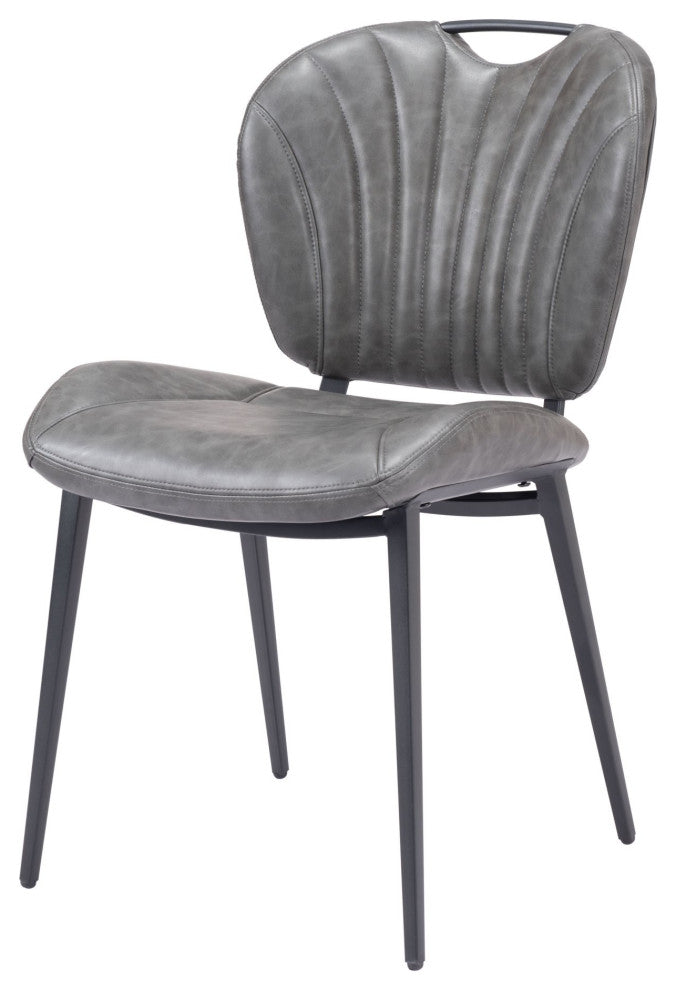 Dining Chair, Set of 2, Faux Vinyl Leather, Steel, Vintage Gray, Black
