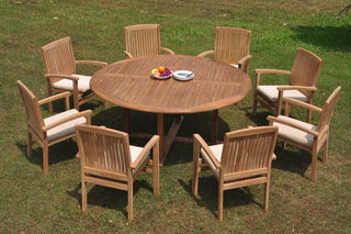 9-Piece Outdoor Teak Dining Set: 72" Round Table, 8 Wave Stacking Arm Chairs