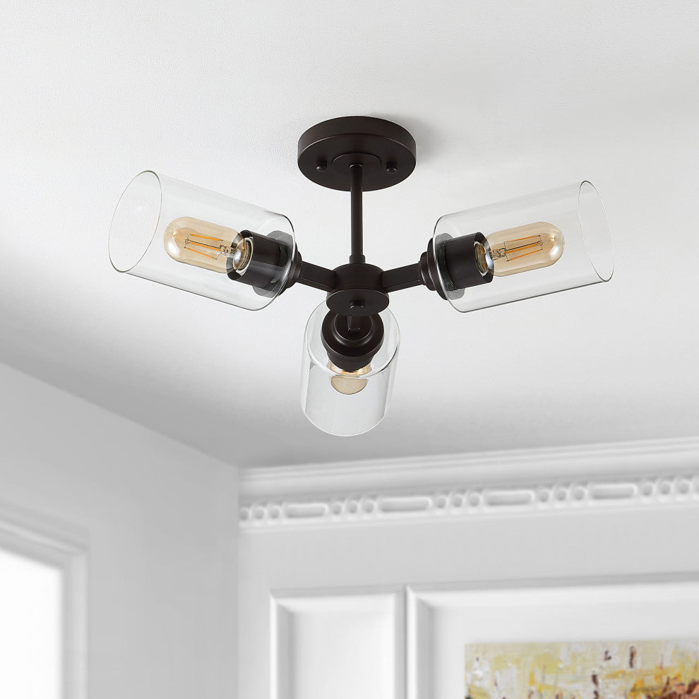 Jaymes 20" 3-Light Farmhouse Iron LED Semi Flush Mount, Oil Rubbed Bronze/Clear