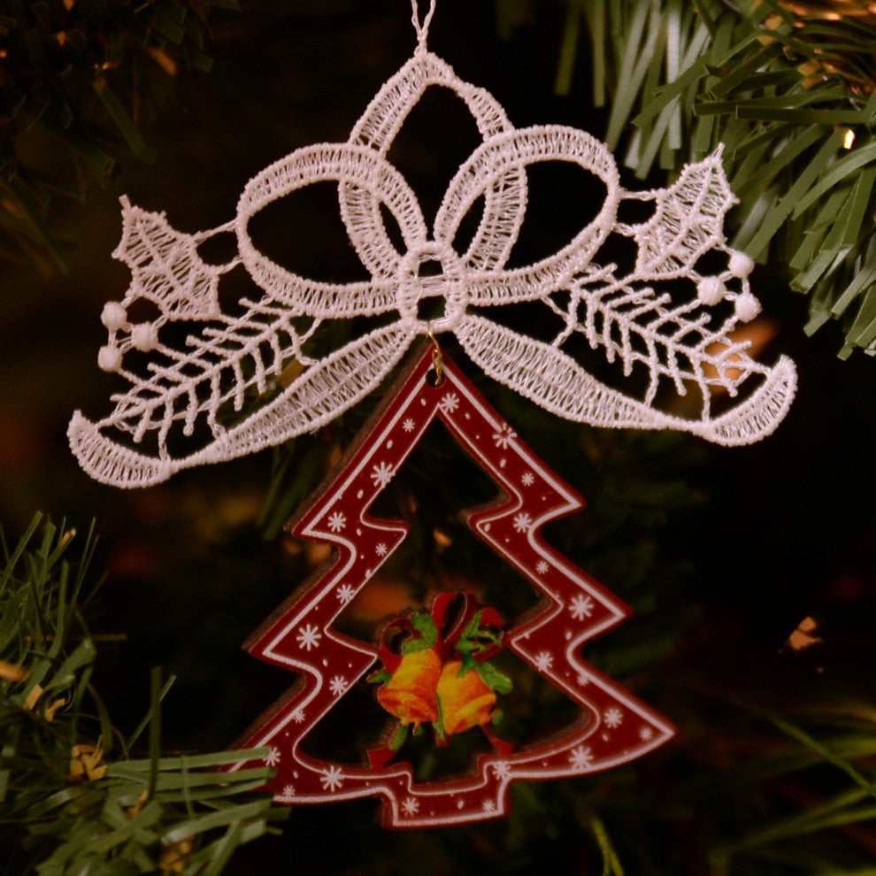 Macrame Tree/Bells 3.75" Ornament Set Of 2, White