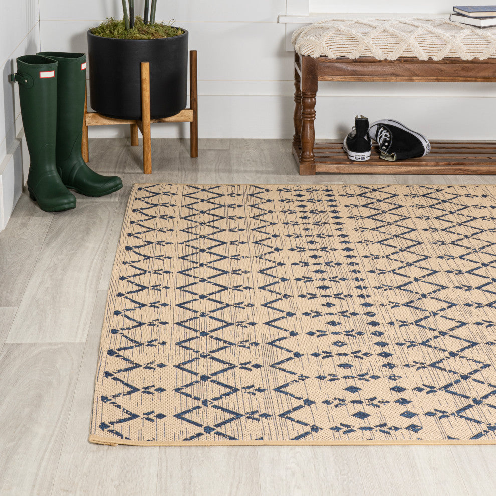 Ourika Moroccan Geometric Indoor/Outdoor Rug, Beige/Navy, 8x10