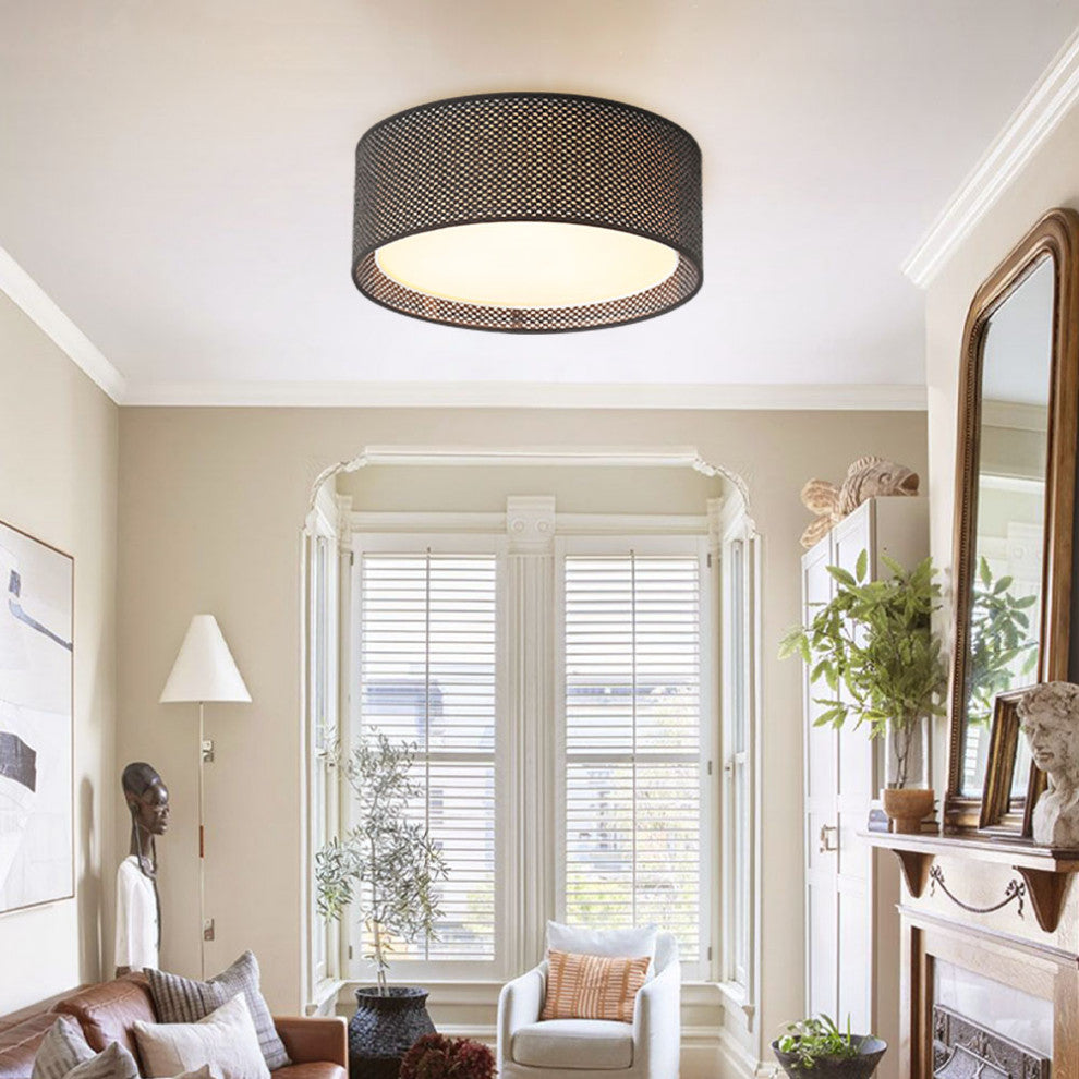 3-Light Double Shade Drum Flush Mount, Black