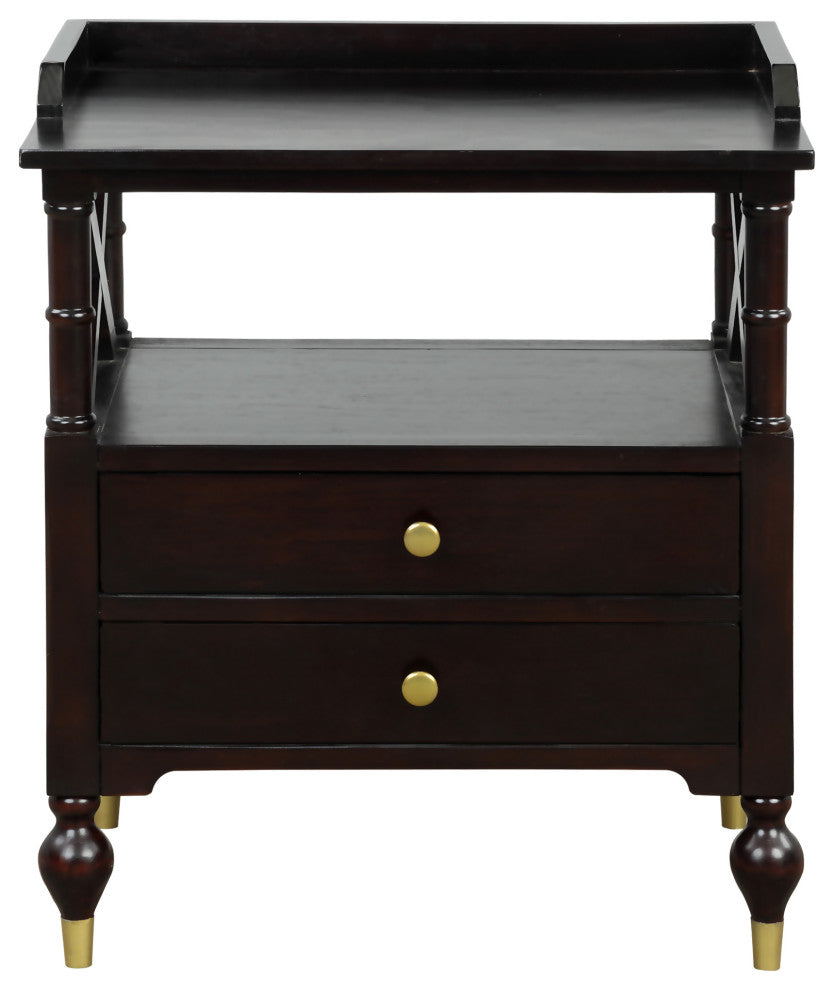 2-Drawer Solid Wood Nightstand with Open Shelf, Espresso, 27" Tall