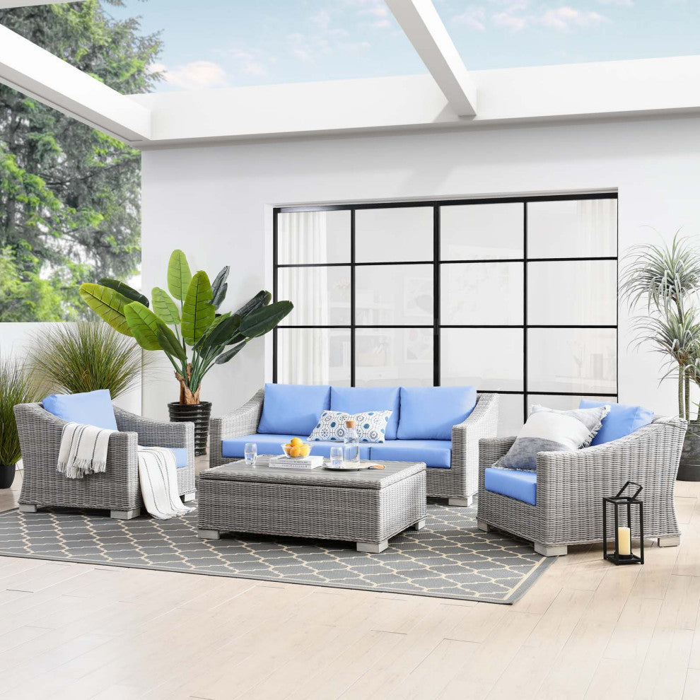 Lounge Sectional Sofa Chair Set, Rattan, Wicker, Gray Blue, Modern, Outdoor