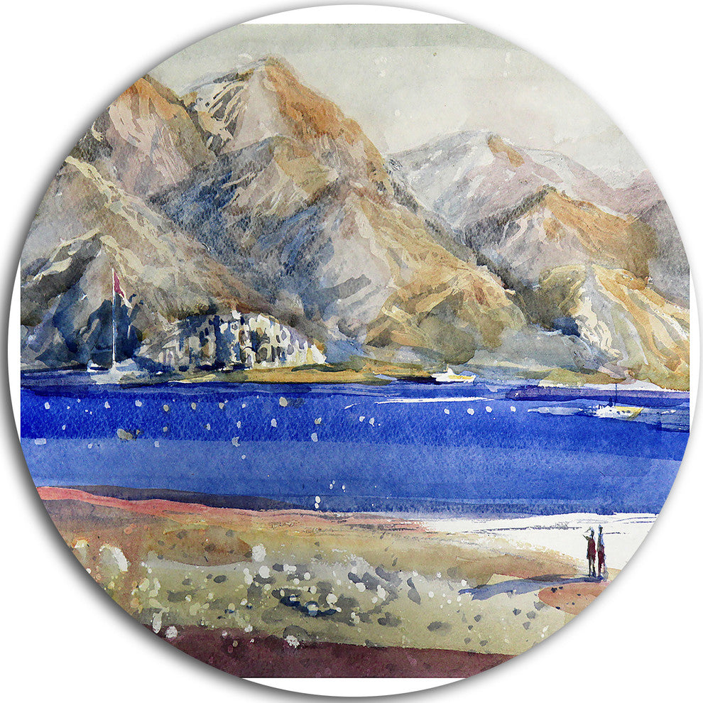 Mountains And Blue Sea, Landscape Round Metal Wall Art, 36"