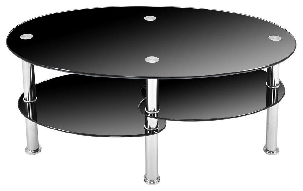 Costway Tempered Glass Oval Side Coffee Table Shelf Chrome Base Living Room